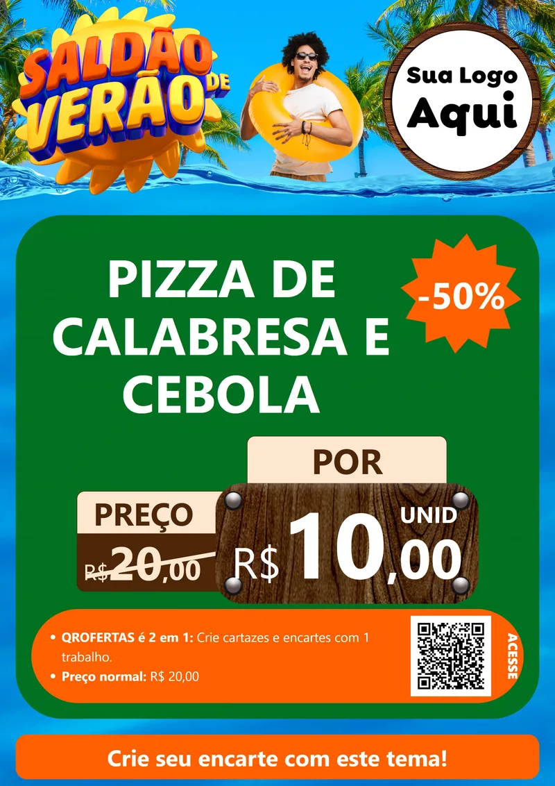 Modelo de Cartaz para Cartaz A4 Vertical com o tema Saldão de Verão para Pizzaria