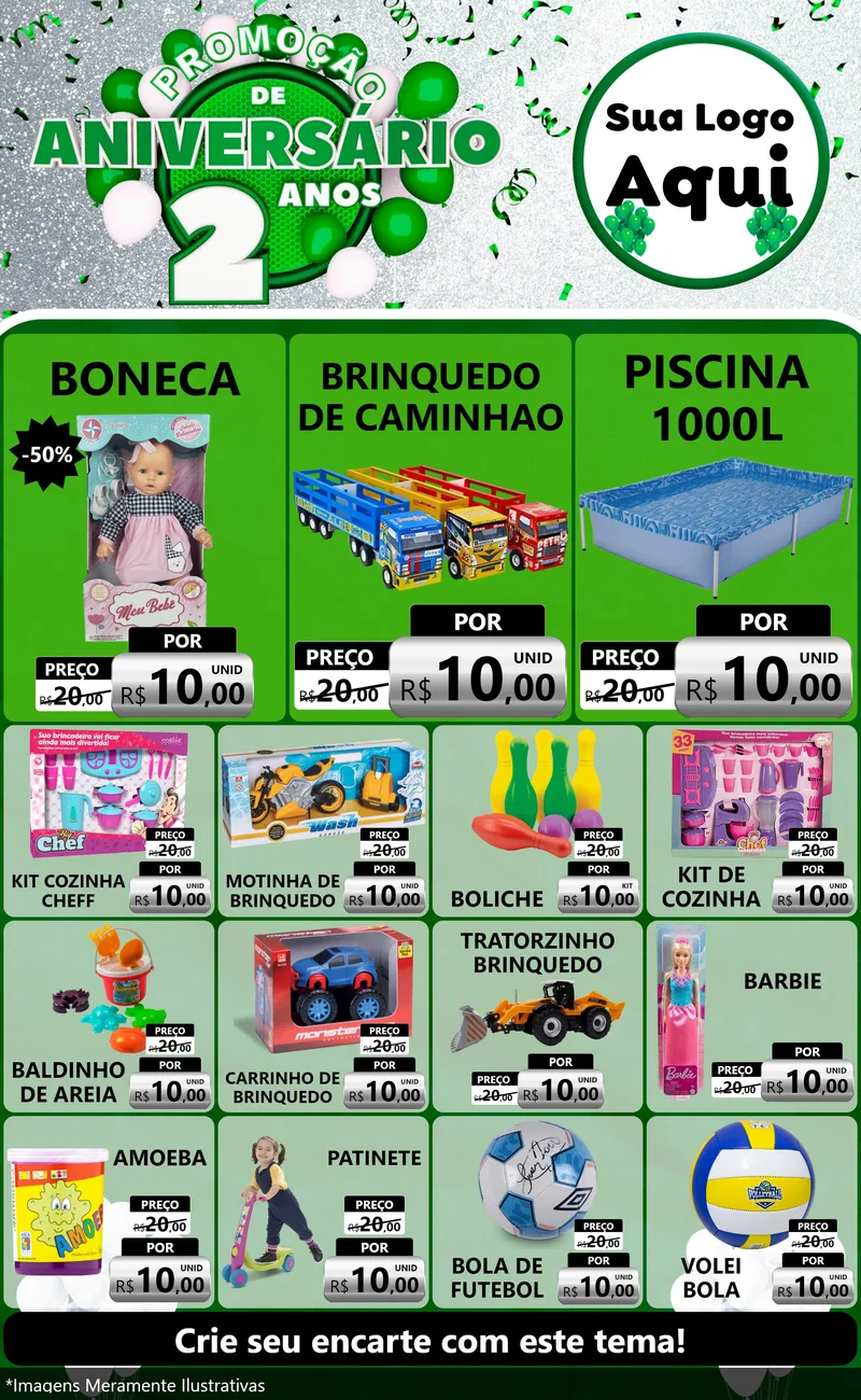 Modelo de Encarte para Encarte Grande com o tema Promoção de Aniversário - 2 Anos para Brinquedos