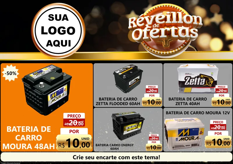 Modelo de Encarte para Encarte A4 Horizontal com o tema Réveillon de Ofertas para Baterias Elétricas