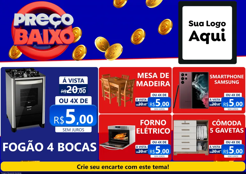 Modelo de Encarte para Encarte A4 Horizontal com o tema Preço Baixo para Móveis e Eletro