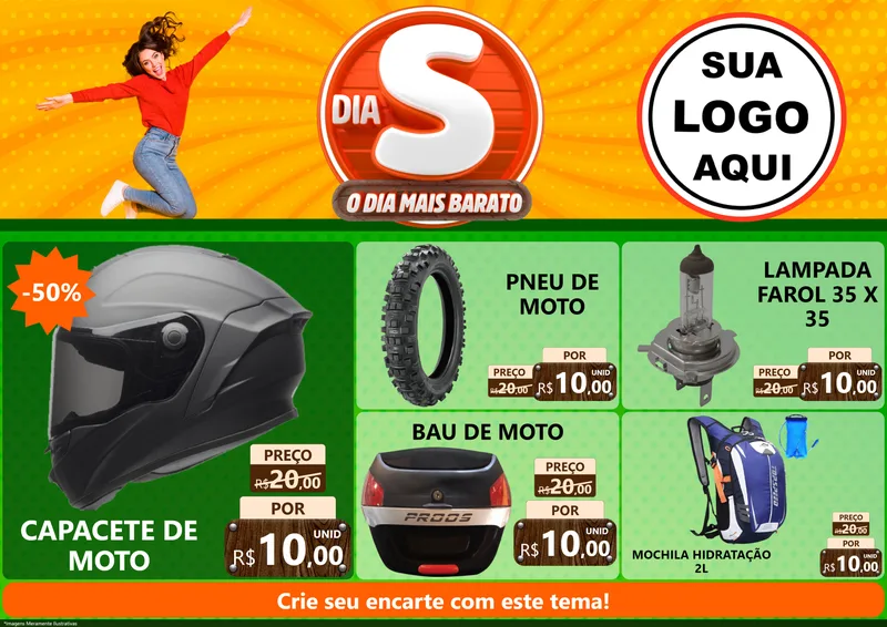 Modelo de Encarte para Encarte A4 Horizontal com o tema Dia S - O Dia Mais Barato para Moto peças