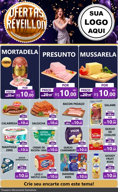 Modelo de Encarte para Encarte Grande com o tema Ofertas de Réveillon para Frios e Laticínios