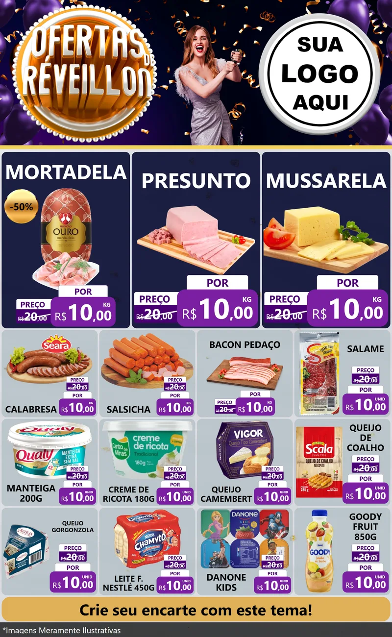 Modelo de Encarte para Encarte Grande com o tema Ofertas de Réveillon para Frios e Laticínios