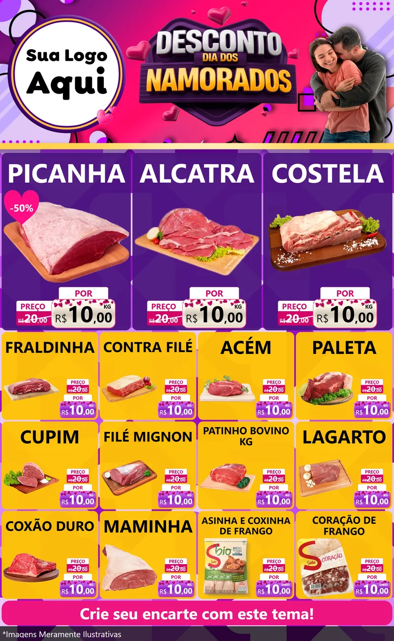 Modelo de Encarte para Encarte Grande com o tema Desconto Dia dos Namorados para Açougue