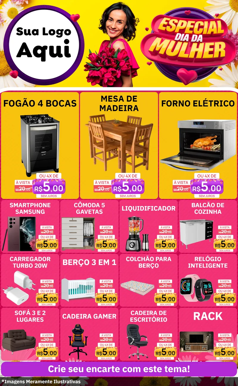 Modelo de Encarte para Encarte Grande com o tema Especial Dia da Mulher para Móveis e Eletro