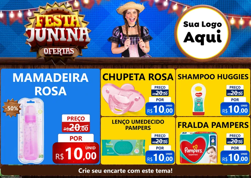 Modelo de Encarte para Encarte A4 Horizontal com o tema Festa Junina Ofertas para Bebês