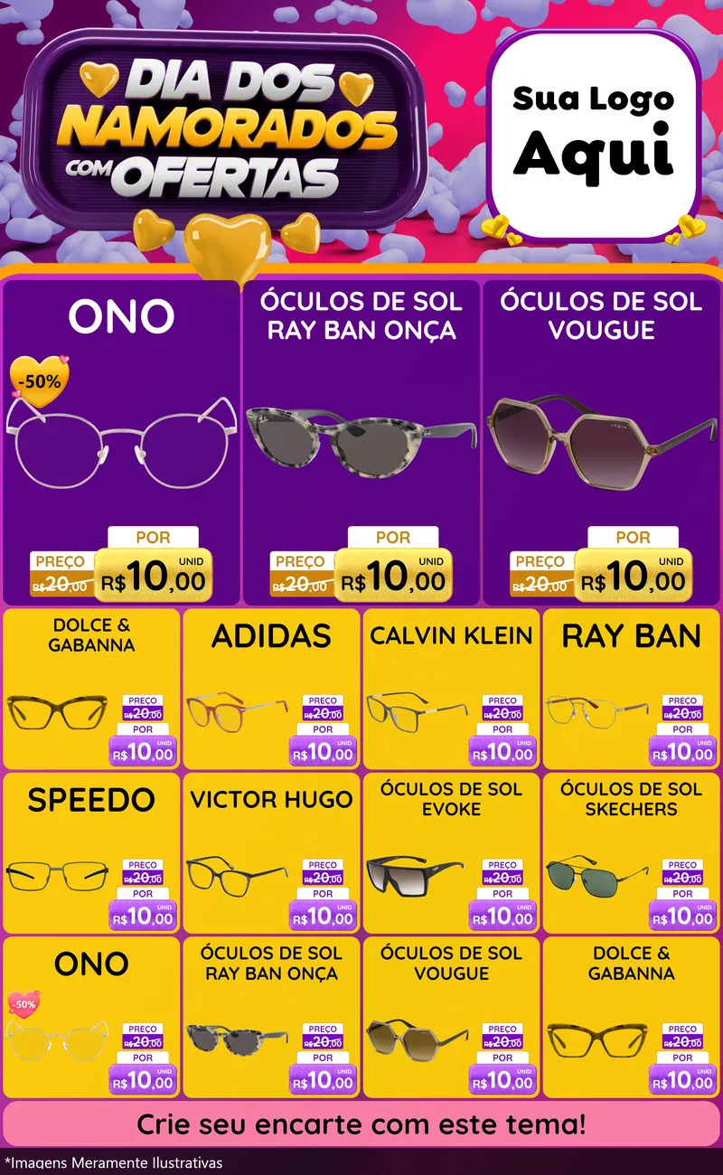 Modelo de Encarte para Encarte Grande com o tema Dia Dos Namorados Com Ofertas para Óticas