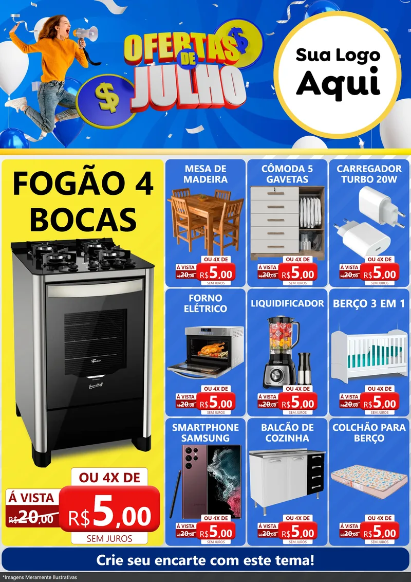 Modelo de Encarte para Encarte A4 Vertical com o tema Ofertas de Julho para Móveis e Eletro