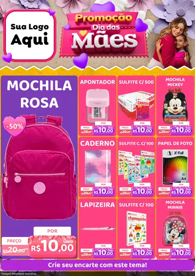 Modelo de Encarte para Encarte A4 Vertical com o tema Promoção Dia das Mães para Papelaria