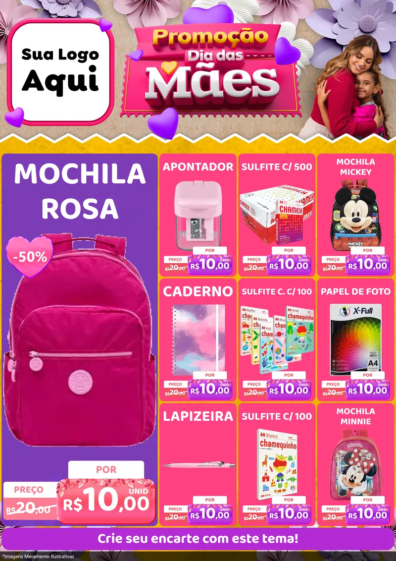 Modelo de Encarte para Encarte A4 Vertical com o tema Promoção Dia das Mães para Papelaria