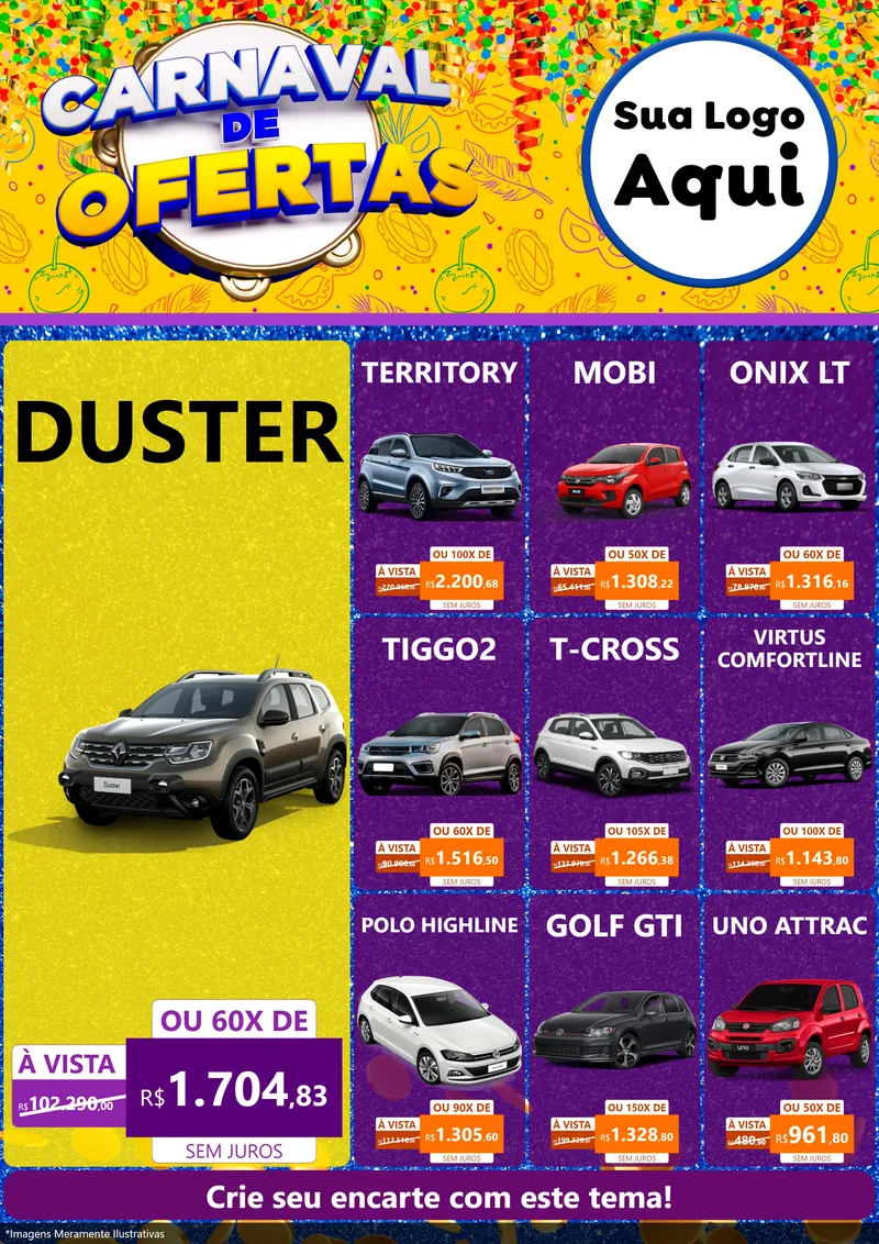 Modelo de Encarte para Encarte A4 Vertical com o tema Carnaval de Ofertas para Concessionaria de Carros