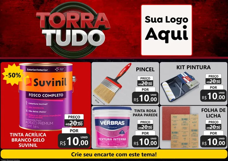 Modelo de Encarte para Encarte A4 Horizontal com o tema Torra Tudo para Tintas e Ferramentas