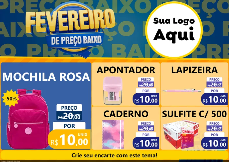 Modelo de Encarte para Encarte A4 Horizontal com o tema Fevereiro de Preço Baixo para Papelaria