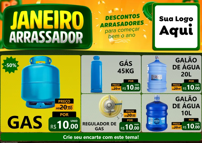 Modelo de Encarte para Encarte A4 Horizontal com o tema Janeiro Arrasador para Água e gás