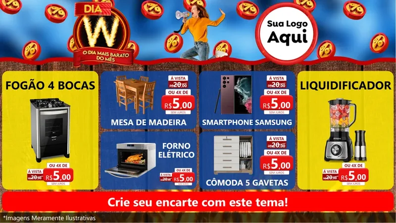 Modelo de TV para TV Horizontal com o tema Dia W - O Dia Mais Barato Do Mês para Móveis e Eletro