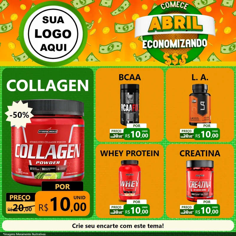 Modelo de Rede Social para Feed Facebook com o tema Comece Abril Economizando para Suplementos alimentares