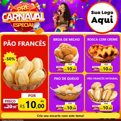 Modelo de Rede Social para Feed Facebook com o tema Pré-Carnaval Especial para Padaria