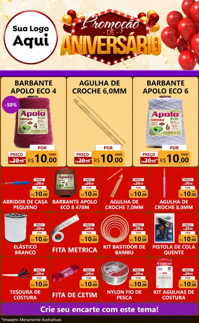 Modelo de Encarte para Encarte Grande com o tema Promoção de Aniversário para Armarinho e Aviamentos
