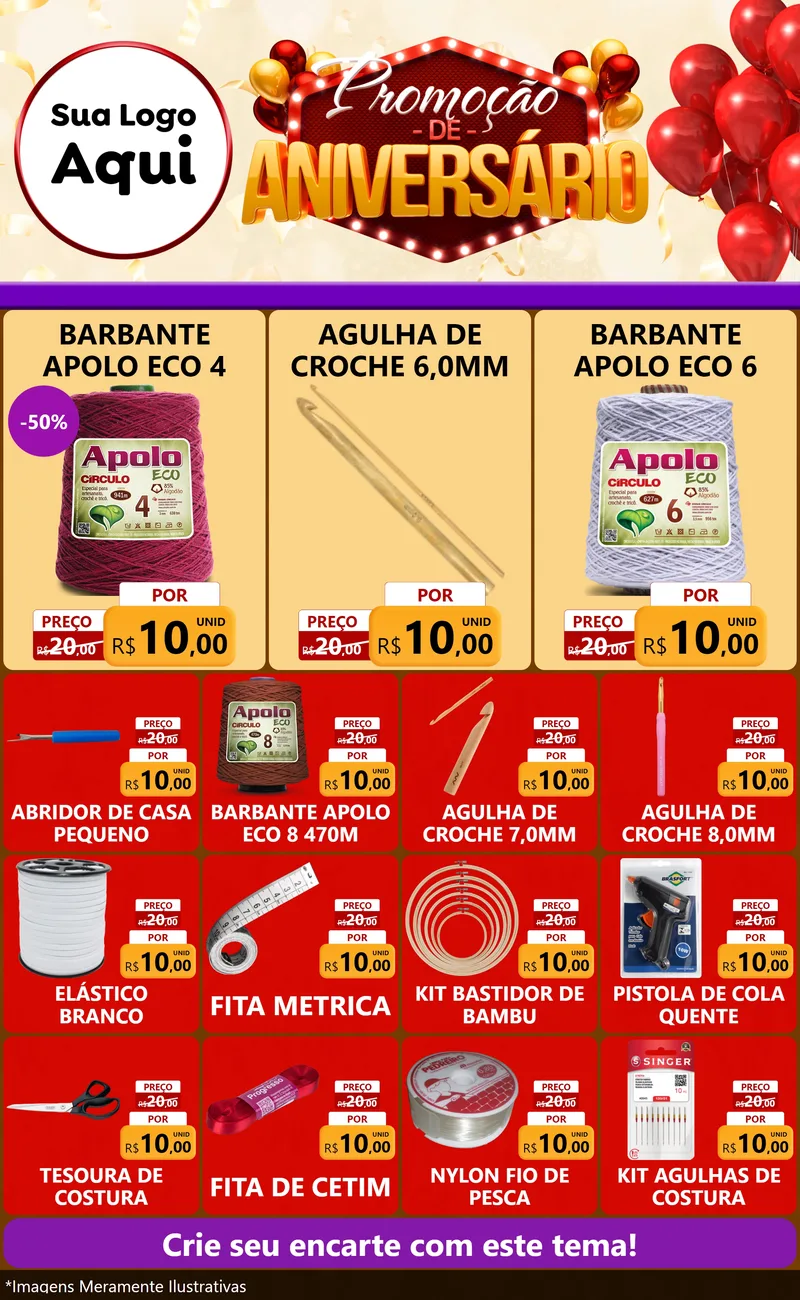 Modelo de Encarte para Encarte Grande com o tema Promoção de Aniversário para Armarinho e Aviamentos