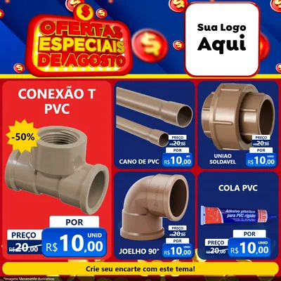 Modelo de Rede Social para Feed Facebook com o tema Ofertas Especiais de Agosto para Tubos e conexões