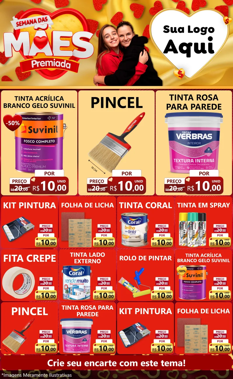 Modelo de Encarte para Encarte Grande com o tema Semana das Mães Premiada para Tintas e Ferramentas