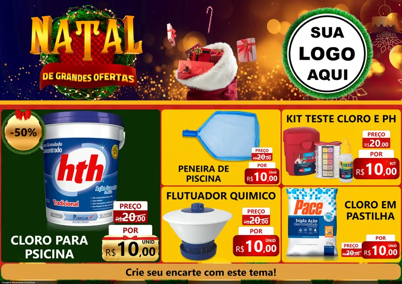 Modelo de Encarte para Encarte A4 Horizontal com o tema Natal de Grandes Ofertas para Produtos para Piscina