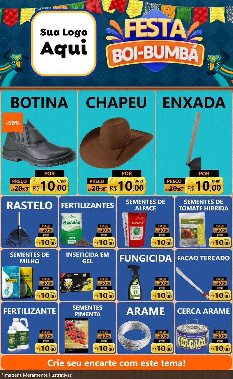 Modelo de Encarte para Encarte Grande com o tema Festa Boi Bumbá para Agropecuária