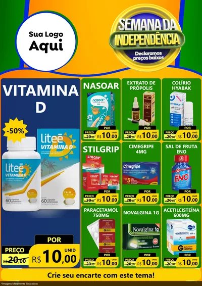 Modelo de Encarte para Encarte A4 Vertical com o tema Semana da Independência Declaramos Preços Baixos para Farmácia