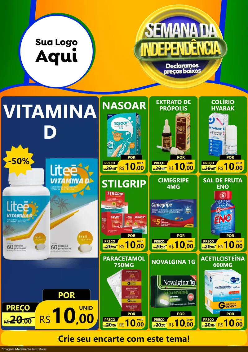 Modelo de Encarte para Encarte A4 Vertical com o tema Semana da Independência Declaramos Preços Baixos para Farmácia