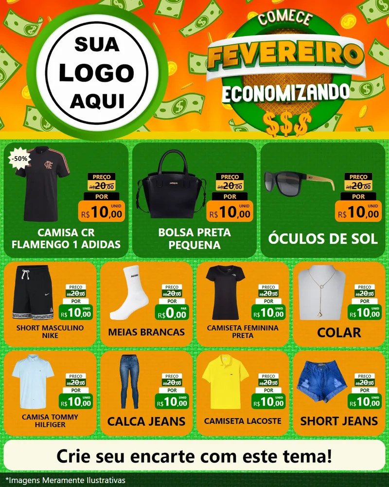 Modelo de Rede Social para Feed Instagram com o tema Comece Fevereiro Economizando para Roupas e acessórios