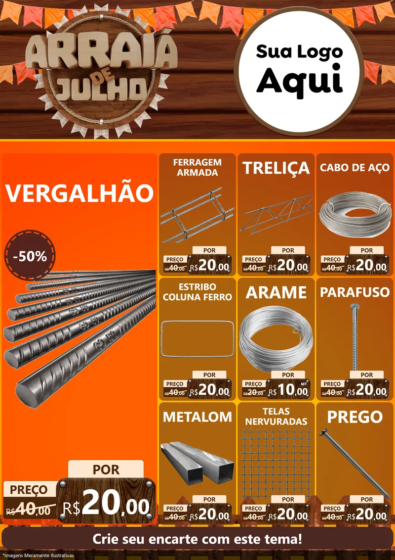Modelo de Encarte para Encarte A4 Vertical com o tema Arraiá de Julho - Junina para Ferragens