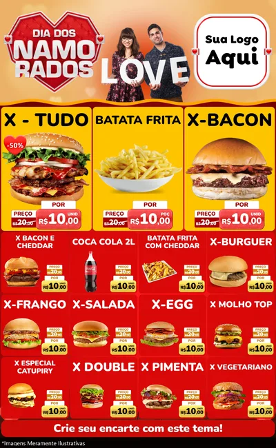 Modelo de Encarte para Encarte Grande com o tema Dia dos Namorados para Hamburgueria