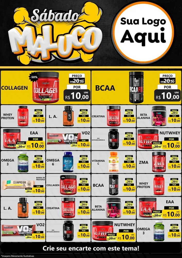 Modelo de Encarte para Encarte A4 Vertical com o tema Sábado Maluco para Suplementos alimentares