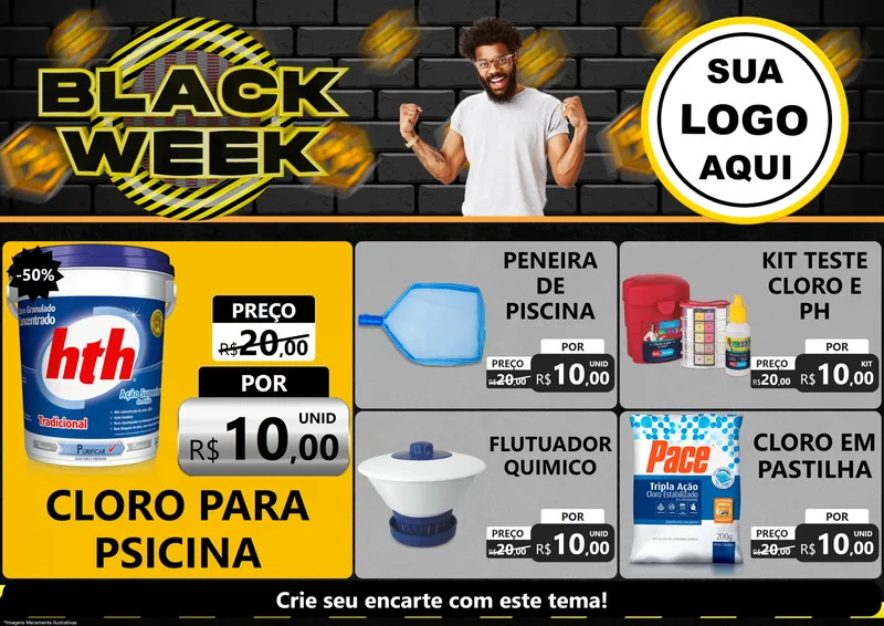 Modelo de Encarte para Encarte A4 Horizontal com o tema Black Week para Produtos para Piscina