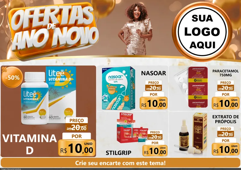 Modelo de Encarte para Encarte A4 Horizontal com o tema Ofertas de Ano Novo para Farmácia