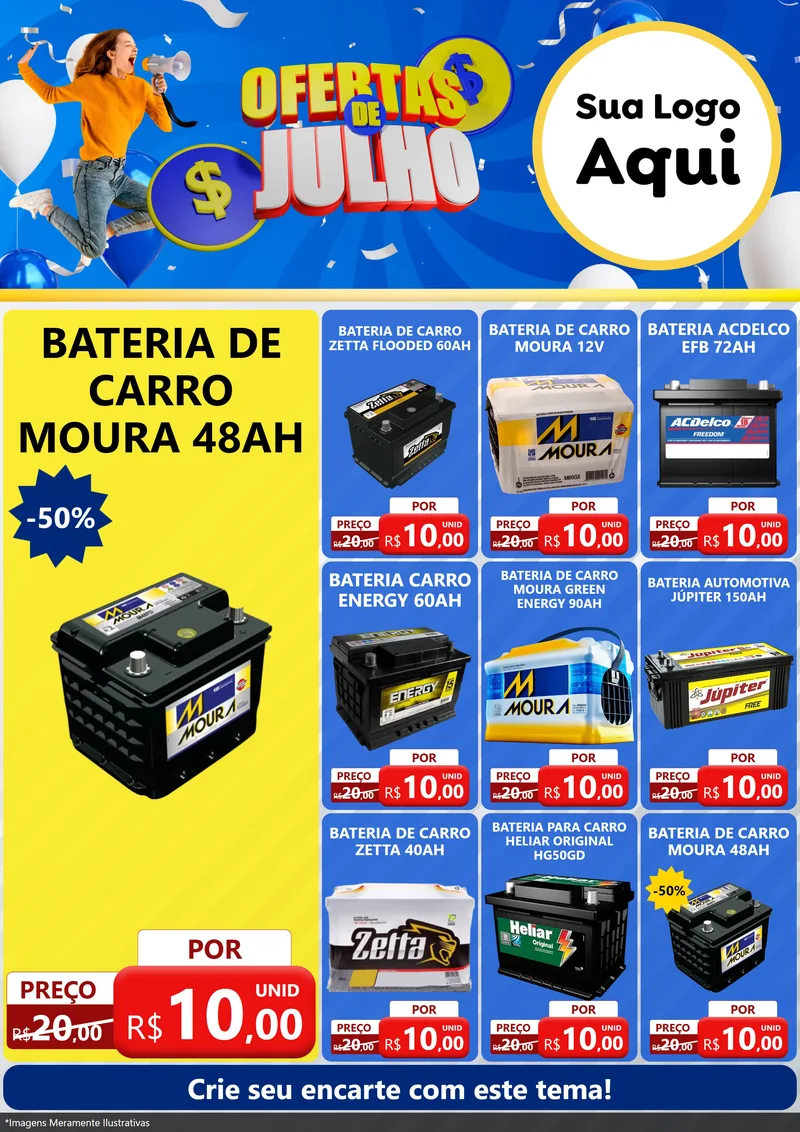 Modelo de Encarte para Encarte A4 Vertical com o tema Ofertas de Julho para Baterias Elétricas