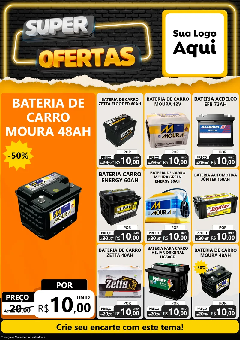 Modelo de Encarte para Encarte A4 Vertical com o tema Super Ofertas para Baterias Elétricas