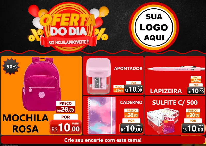 Modelo de Encarte para Encarte A4 Horizontal com o tema Oferta do Dia - Só hoje, Aproveite! para Papelaria