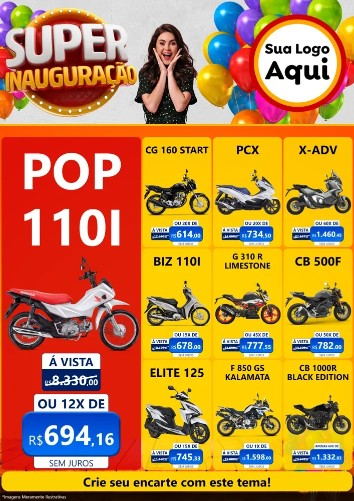 Modelo de Encarte para Encarte A4 Vertical com o tema Super Inauguração para Concessionaria de Motos