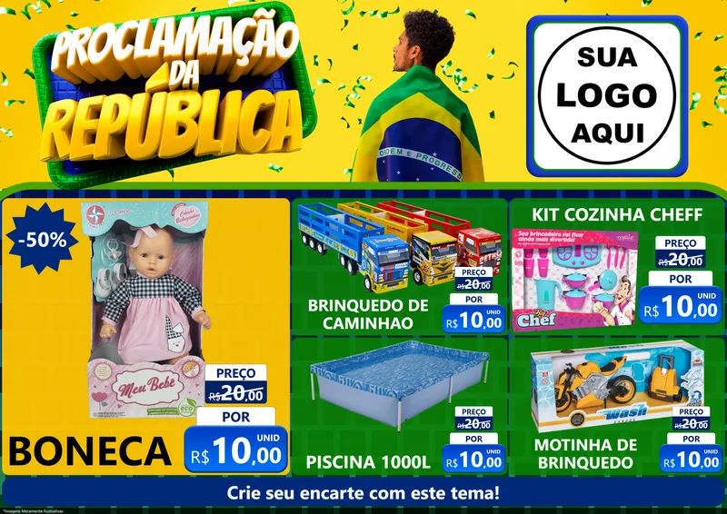 Modelo de Encarte para Encarte A4 Horizontal com o tema Proclamação da República para Brinquedos