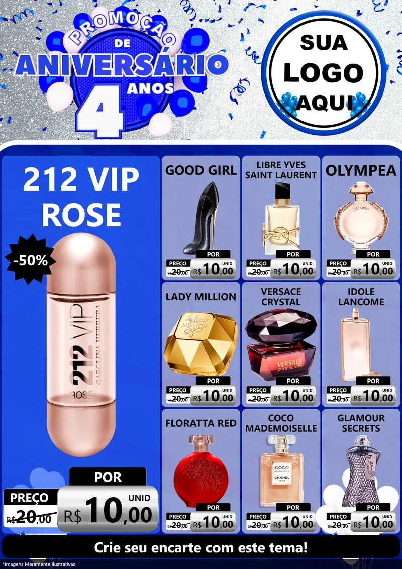 Modelo de Encarte para Encarte A4 Vertical com o tema Promoção de Aniversário - 4 Anos para Perfumes