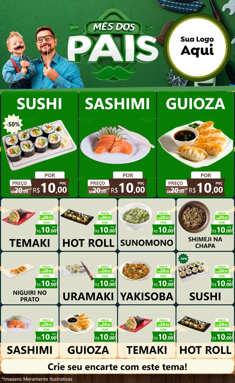 Modelo de Encarte para Encarte Grande com o tema Mês dos Pais para Comida japonesa