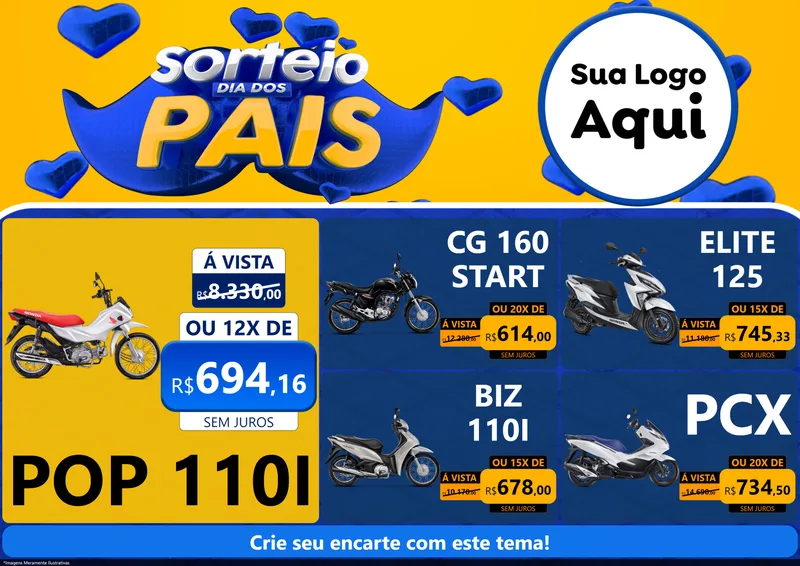 Modelo de Encarte para Encarte A4 Horizontal com o tema Sorteio Dia dos Pais para Concessionaria de Motos