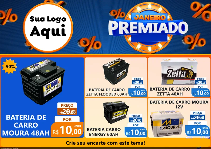 Modelo de Encarte para Encarte A4 Horizontal com o tema Janeiro Premiado para Baterias Elétricas