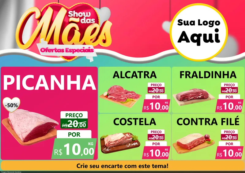Modelo de Encarte para Encarte A4 Horizontal com o tema Show das Mães - Ofertas Especiais para Açougue