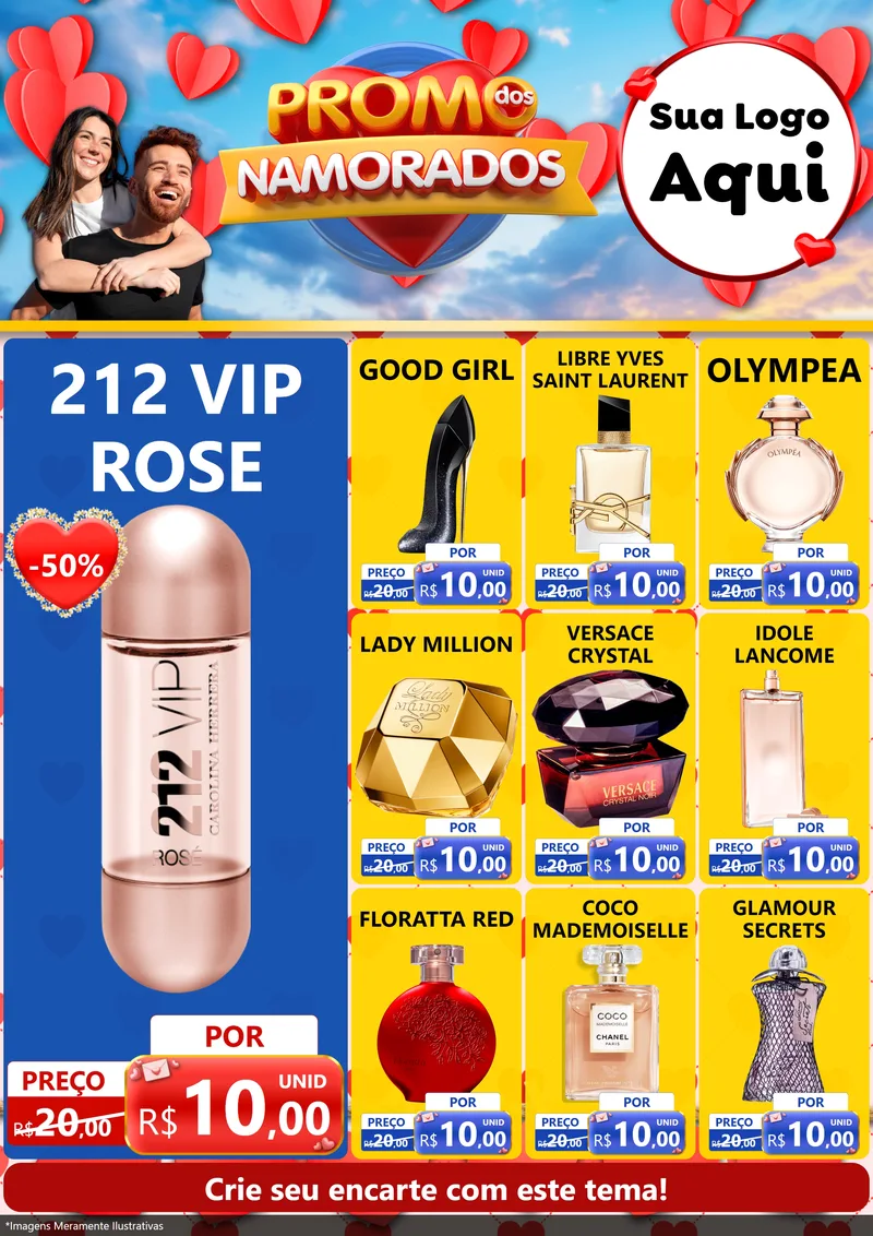 Modelo de Encarte para Encarte A4 Vertical com o tema Promo dos Namorados para Perfumes