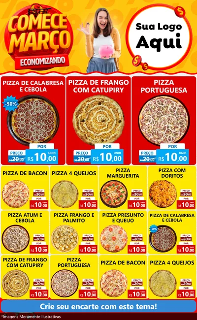 Modelo de Encarte para Encarte Grande com o tema Comece Março Economizando para Pizzaria