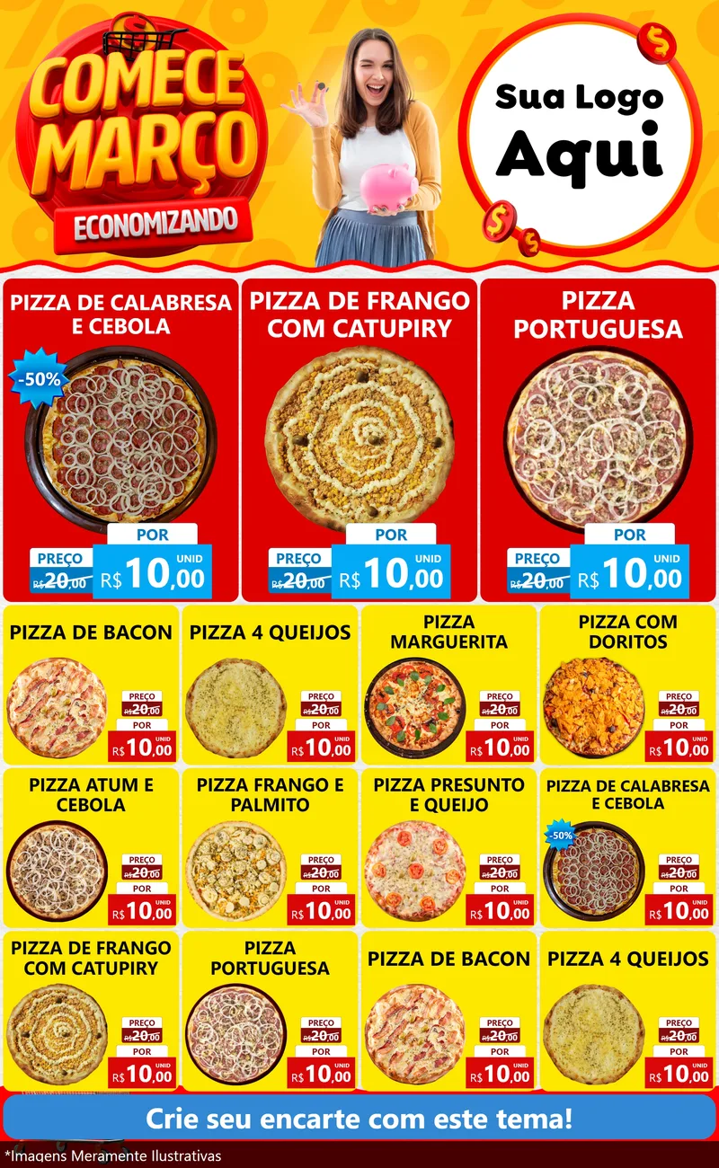 Modelo de Encarte para Encarte Grande com o tema Comece Março Economizando para Pizzaria