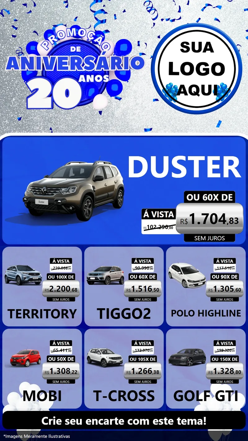 Modelo de Rede Social para Stories com o tema Promoção de Aniversário - 20 Anos para Concessionaria de Carros