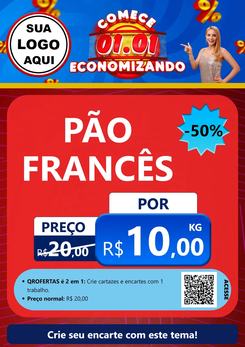 Modelo de Cartaz para Cartaz A4 Vertical com o tema Comece 1º de Janeiro Economizando para Padaria